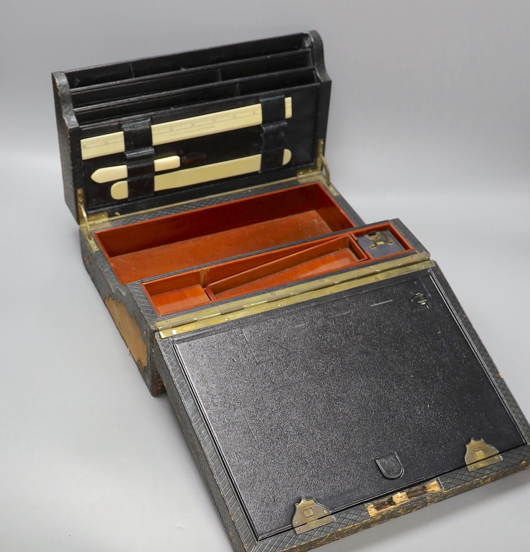 A late Victorian Morocco leather cased writing box, 32cm wide